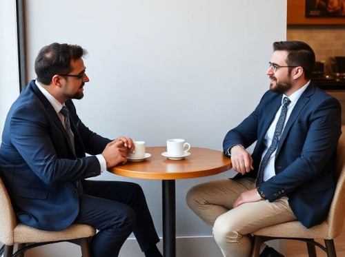 Two men in smart-casual attire sitting around a small table having coffee and a relaxed conversation.