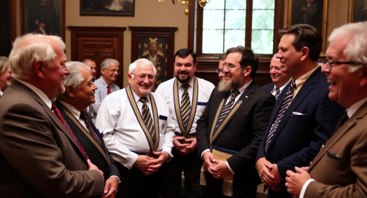 Group of smiling members talking, warm interior